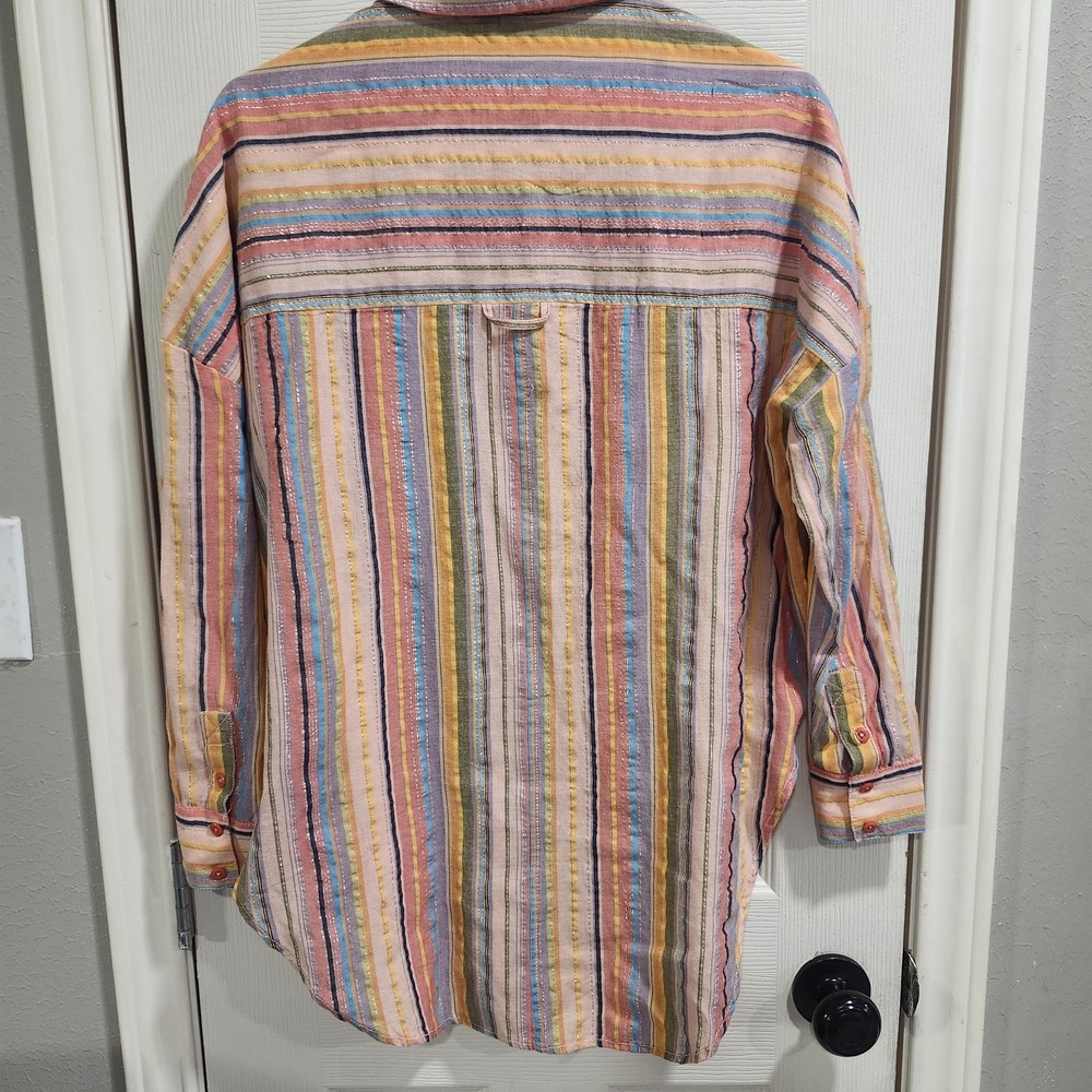 Pilcro XS Striped Button Up Shirt Metallic Thread Cotton Oversized Boho - Picture 8 of 13